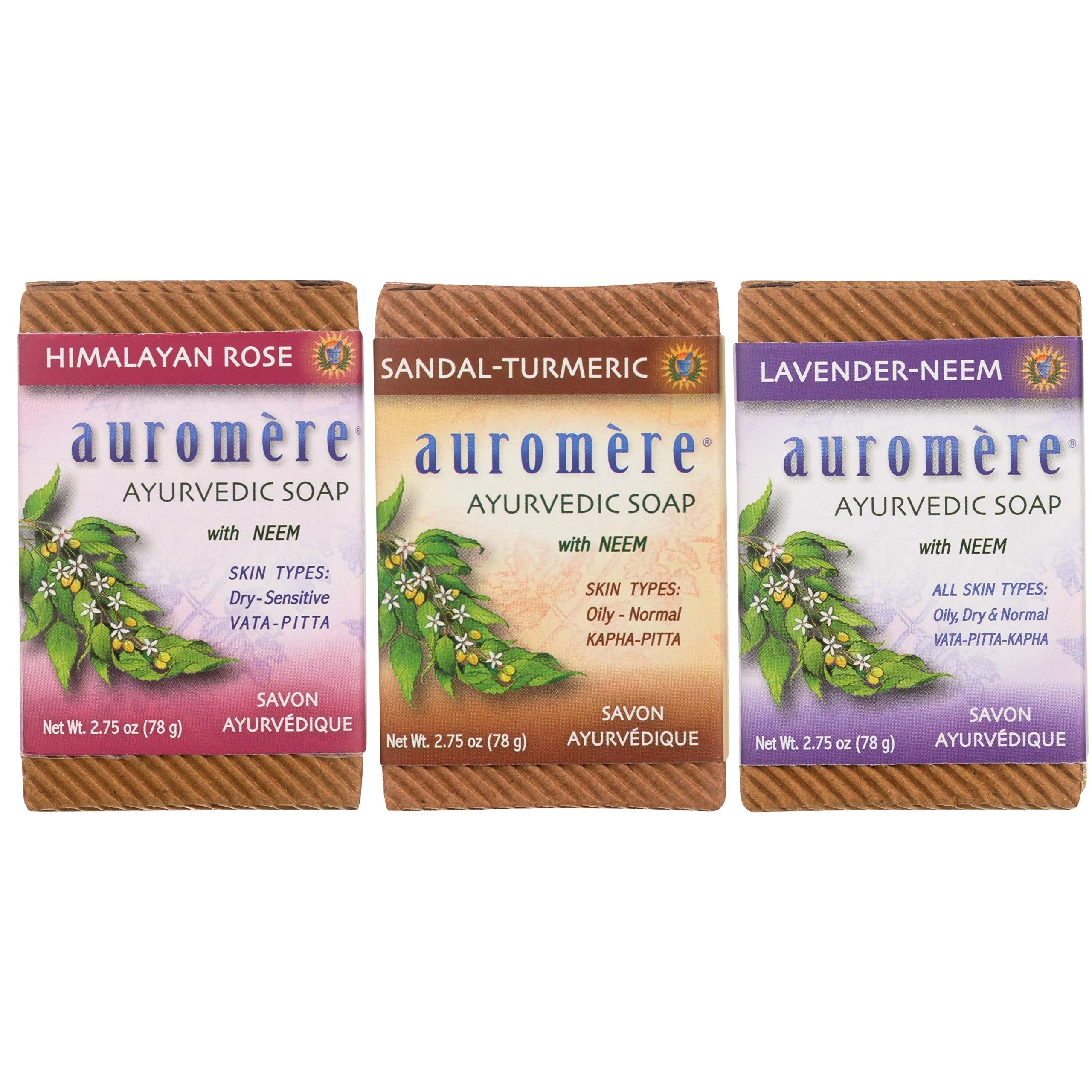 Auromere Ayurvedic Soap Variety Pack - 3 x 2.75oz Natural Soap Bars - Handmade Vegan Soap with Ayurvedic Herbs & Organic Neem